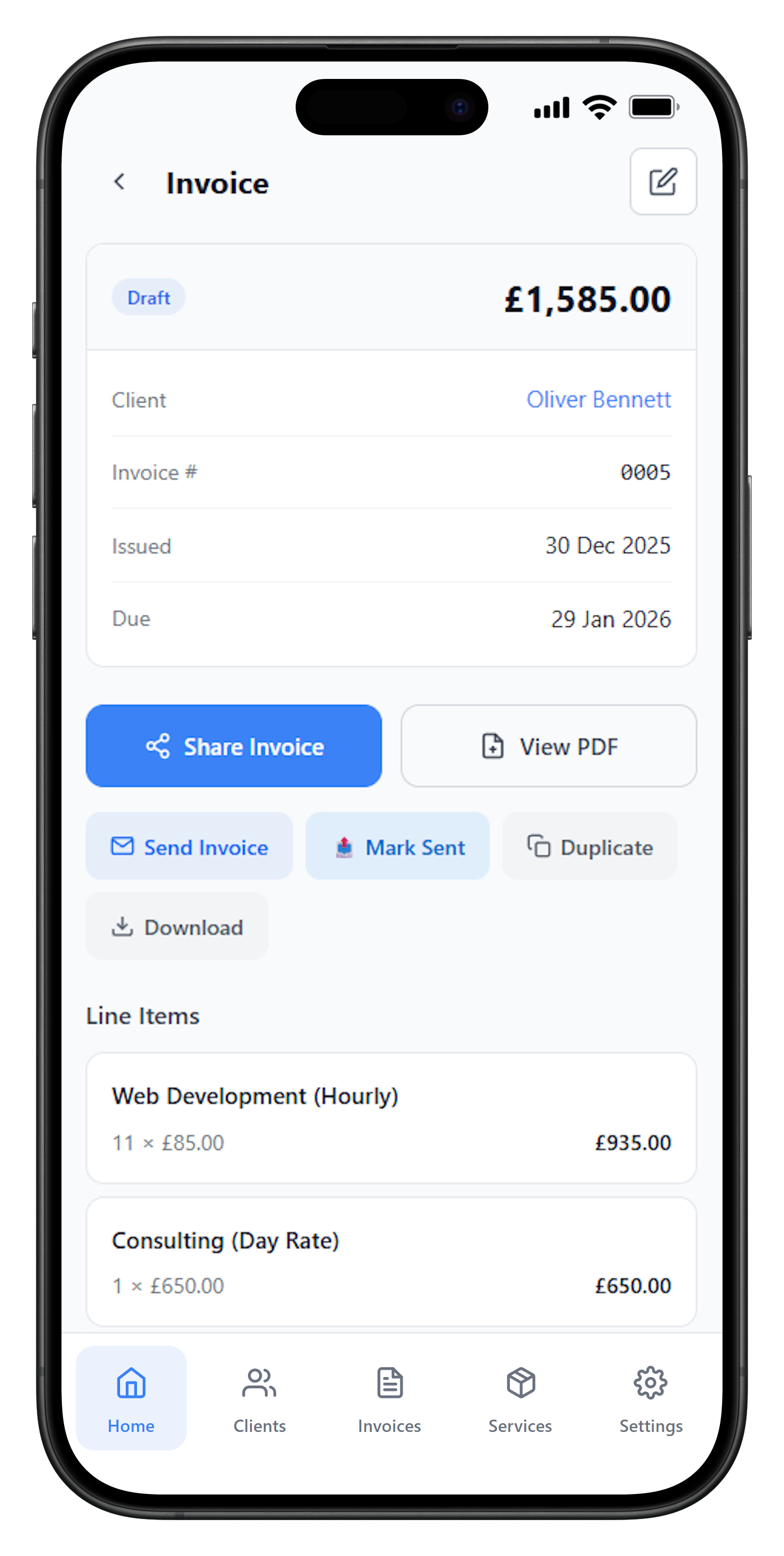 FreelancerHub mobile app showing invoice details with share and send options